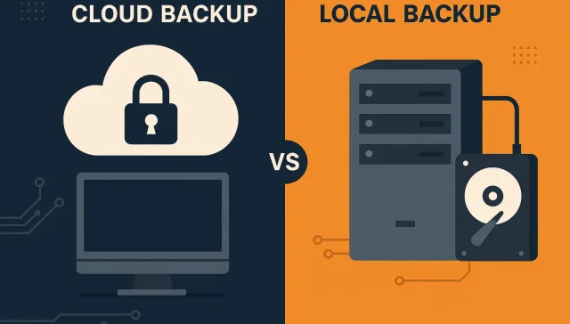 Illustration of cloud and local data backup options for small businesses, highlighting security and recovery features.