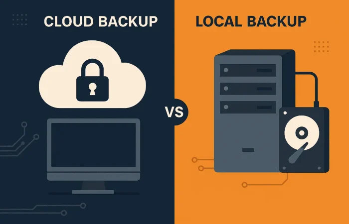 Illustration of cloud and local data backup options for small businesses, highlighting security and recovery features.