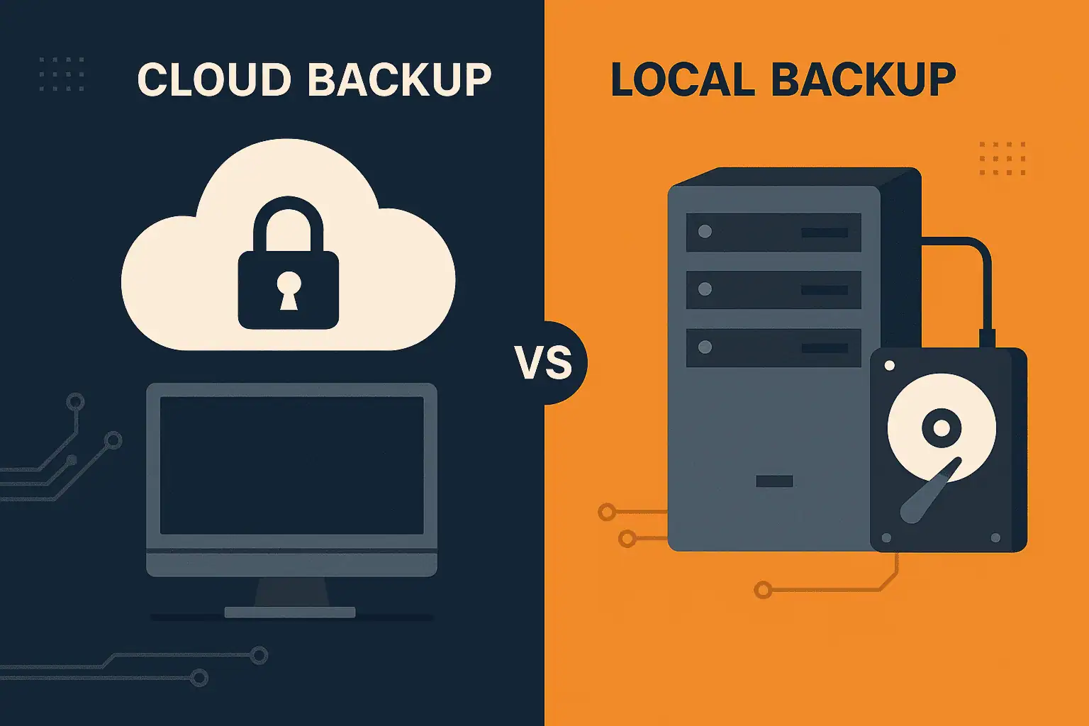 Illustration of cloud and local data backup options for small businesses, highlighting security and recovery features.